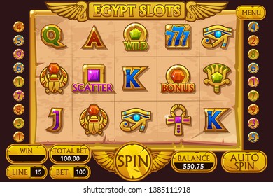 Spielautomat im Stil von EGYPT. Vektor-Komplett-Schnittstellenstecker und Schaltflächen auf separaten Ebenen.