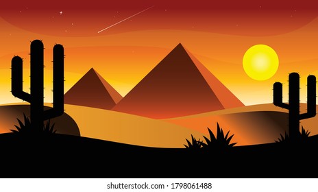 Egypt Sunset Cartoon Flat Design. Vector Illustration Background