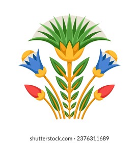 Símbolo egipcio. Flores coloridas de la cultura y la historia egipcias. Plantas de florecimiento y floración. Afiche o pancarta. Dibujo vectorial plano de dibujos animados aislado en fondo blanco