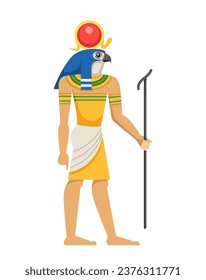 Símbolo egipcio. Cultura e historia egipcias. Estatua de dios. Hombre con cabeza de pájaro, Thoth. Pegatina para las redes sociales. Dibujo vectorial plano de dibujos animados aislado en fondo blanco