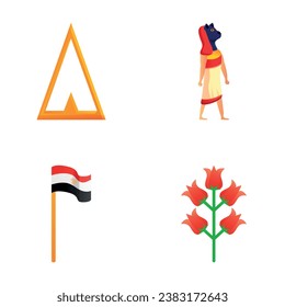 Iconos de símbolo de Egipto establecen vector de caricatura. deidad egipcia, bandera del país y flor. Egipto, concepto de viaje