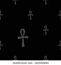Egypt symbol seamless with ankh. Ancient dark line pattern design. Africa hand drawn vector illustration. Linear gray sketch on black background.