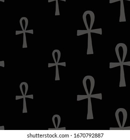 Egypt symbol seamless with ankh. Ancient dark line pattern design. Africa hand drawn vector illustration. Linear gray sketch on black background.