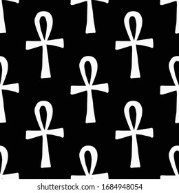 Egypt symbol seamless with ankh. Ancient dark line pattern design. Africa hand drawn vector illustration. Linear black sketch on black background.