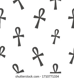 Egypt symbol seamless with ankh. Ancient dark line pattern design. Africa hand drawn vector illustration. Linear  black sketch on white background.