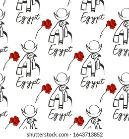 Egypt symbol seamless with falcon Ra with red rose. Ancient line pattern design. Africa hand drawn vector illustration. Linear black sketch on white background.