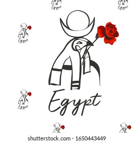 Egypt symbol seamless with falcon Ra with red rose. Ancient line pattern design. Africa hand drawn vector illustration. Linear black sketch on white background.