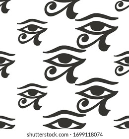 Egypt symbol seamless with horus eye. Ancient line pattern design. Africa hand drawn vector illustration. Linear black sketch on white background.