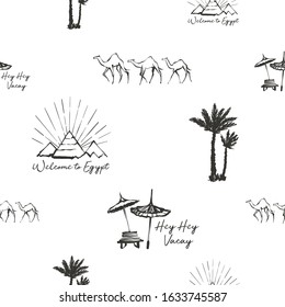 Egypt symbol seamless pattern with camel, pyramids, palm, beach chair and umbrella. Ancient line tracery design. Africa hand drawn vector illustration. Linear black sketch on white background.