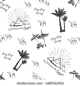 Egypt symbol seamless pattern with camel, pyramids, palm, beach chair and umbrella. Ancient line tracery design. Africa hand drawn vector illustration. Linear black sketch on white background.