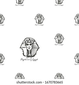 Egypt symbol seamless with pharaoh head. Ancient line pattern design. Africa hand drawn vector illustration. Linear black sketch on white background.