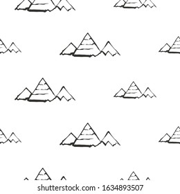 Egypt symbol seamless with pyramid. Ancient pattern design. Africa hand drawn vector illustration. Linear black sketch on white background.