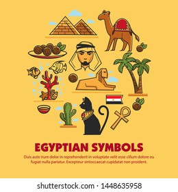 Egypt symbols architecture cuisine and animals Egyptian culture vector pyramids and camel palms and sphinx coptic cross and cat bedouin and arab man and meat balls coral reef and cactus flag.