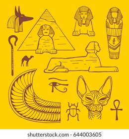 Egypt symbols hand drawn doodles vector illustration icons set. isolated on yellow color background.