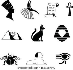 Egypt symbols icon set. Including eye of horus, Sphinx, Pharaoh Tutankhamen ,Anubis and etc