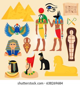 Egypt symbols and landmarks ancient pyramids desert egyptian people god cleopatra pharaoh vector illustration