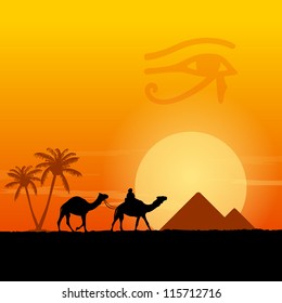 Egypt symbols and Pyramids - Traditional Horus Eye symbol and camel silhouette in front