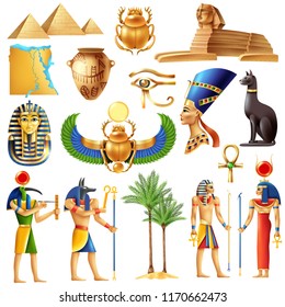 Egypt symbols set in cartoon style with ancient egyptian deities pyramid ankh tutanhamon nefertiti  eye of horus signs vector illustration