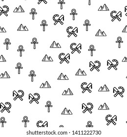 Egypt Symbols And Sight Seamless Pattern Vector. Pyramids, Religious Sign Of Ancient Egyptian Cross Ankh, Crook And Flail Symbols Monochrome Texture Icons. Template Flat Illustration