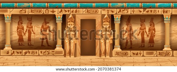 Egypt temple background, ancient pharaoh tomb\
interior, vector game pyramid stone wall, god outline. History\
archaeology palace illustration, vintage column, hieroglyph,\
statue. Egypt temple\
monument