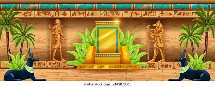 Egypt temple background, gold throne, gods statue silhouette, vector ancient pharaoh pyramid wall. Ancient civilization game interior, hieroglyphs, palace room, stone column. Egypt temple illustration