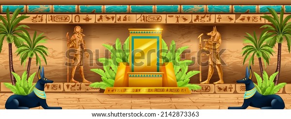 Egypt temple background, gold throne, gods\
statue silhouette, vector ancient pharaoh pyramid wall. Ancient\
civilization game interior, hieroglyphs, palace room, stone column.\
Egypt temple\
illustration