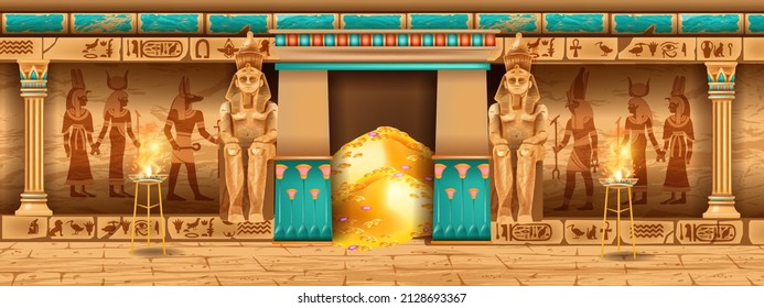 Egypt temple background, vector game pyramid stone wall, ancient pharaoh tomb interior, god outline. Egypt temple monument. History archaeology palace illustration, hieroglyph, statue, vintage column 