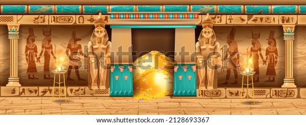 Egypt temple background, vector game pyramid stone wall,\
ancient pharaoh tomb interior, god outline. Egypt temple monument.\
History archaeology palace illustration, hieroglyph, statue,\
vintage column 