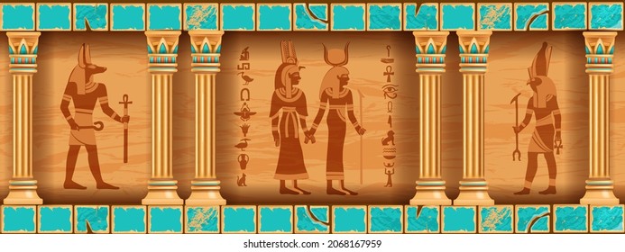 Egypt temple game background, ancient pharaoh pyramid interior, old stone column tomb wall. Civilization mythology architecture illustration, gods silhouette, hieroglyphs palace monument. Egypt temple