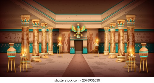 Egypt temple game background, vector ancient pharaoh pyramid tomb interior, old stone column, vase. History religion palace room, god silhouette, wall hieroglyphs. Egypt temple hall, colonnade, fire
