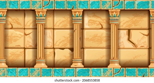 Egypt temple interior, ancient cracked stone wall, seamless rock tomb column background, pyramid hall. Game cartoon old colonnade, antique pillar, palace architecture illustration. Egypt temple frame
