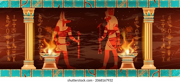 Egypt temple interior background, vector pyramid tomb room wall ornament, stone ancient column, fire. History game level illustration, gods relief silhouette, hieroglyph, antique palace. Egypt temple