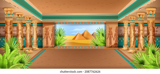 Egypt temple interior background, vector ancient pharaoh pyramid palace, Egyptian desert view. Old stone column, game civilization panoramic landscape, palm leaf, antique wall hieroglyph. Egypt temple