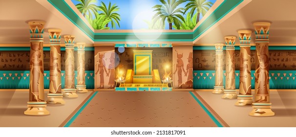 Egypt temple interior, pyramid tomb, stone column, throne, vector Egyptian ancient palace background. Old civilization hall, golds mural silhouette, palm tree leaf. Egypt temple game illustration