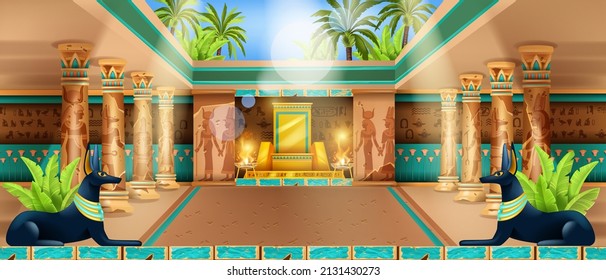Egypt temple interior, vector Egyptian ancient palace background, pyramid tomb, stone column, throne. Old civilization hall, golds mural silhouette, Anubis statue, palm. Egypt temple game illustration