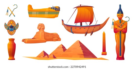 Egypt temple, pharaoh and sarcophagus cartoon vector set, scarab, sarcophagus, boat. Ancient egyptian travel icon collection, landmark isolated on white. Tourist object to create history infographic.