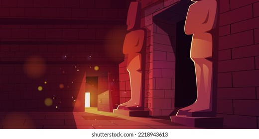 Egypt temple or pyramid interior, tomb room with hieroglyphs on brick wall, stone statues at the entrance and soft sunlight with flying pecks of dust. Ancient Egyptian museum, Cartoon game background