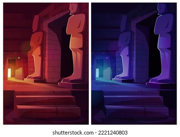 Egypt temple or pyramid interior, tomb room with hieroglyphs on brick wall, stone statues at the entrance and soft light with flying pecks of dust. Ancient Egyptian museum, Cartoon game background set