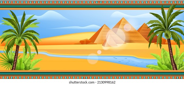 Egypt temple pyramid landscape, vector pharaoh background, Africa desert horizontal view, Nile river. Ancient architecture monument, green palm tree, oasis plant, sand dune. Egypt landscape scene