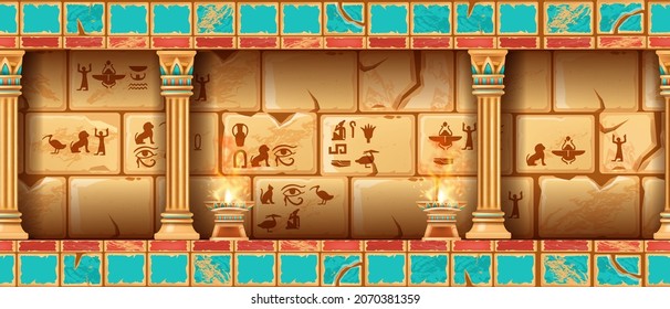 Egypt temple seamless game background, vector ancient stone wall, pharaoh pyramid tomb room fire. Old historical palace interior, column, hieroglyphs sign yellow boulder. Egypt temple colonnade border