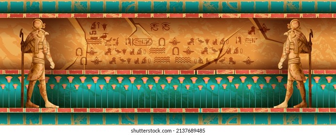 Egypt temple wall, vector Egyptian tomb background, ancient pyramid interior, Horus statue, hieroglyphs. Old civilization stone palace room, archaeology mural illustration. Egypt history temple 