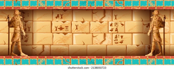 Egypt temple wall, vector Egyptian tomb background, Horus statue, hieroglyphs, ancient pyramid interior. Archaeology mural illustration, old civilization stone palace room. Egypt history temple