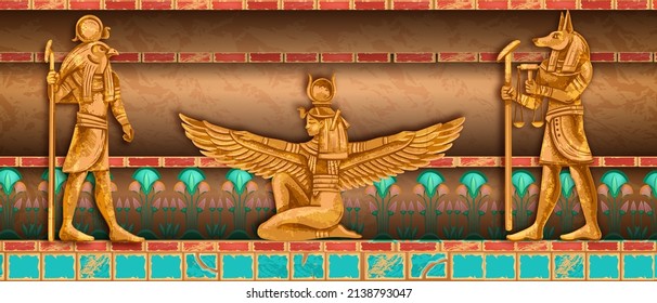 Egypt temple wall, vector Egyptian tomb interior, ancient pyramid background, clay god statue. Stone sculpture, old archaeology civilization palace room, mythology frame. Egypt temple illustration