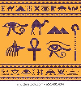 Egypt theme ornament knitting seamless pattern for cross stitch, pixel art style vector illustration