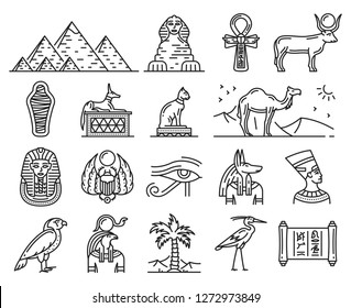 Egypt thin line icons of ancient gods and religion symbols. Sphinx, pharaoh pyramids and Anubis, Ankh, Horus eye and Tutankhamun. Text on paper - Anubis god and Egypt