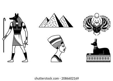 Egypt thin line icons of ancient gods and religion symbols. Sphinx, pharaoh pyramids and Anubis, Ankh, Horus eye and Tutankhamun. Text on paper - Anubis god and Egypt
