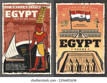 Egypt tour vector design with ancient Egyptian travel landmarks and flag. Temples of pharaoh Ramesses and Djeser-Djeseru, eye of Horus and ankh symbol, Nile river, felucca boat and god Amun posters