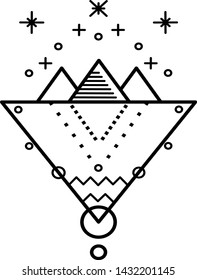 Egypt tourism concept: Egyptian pyramids, sea, starry sky. Geometric design for badges, logos, icons in outline style