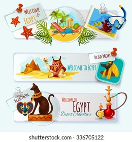 Egypt touristic banner horizontal set with cartoon landmarks isolated vector illustration