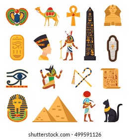 Egypt touristic icons set with pyramids and desert symbols flat isolated vector illustration 